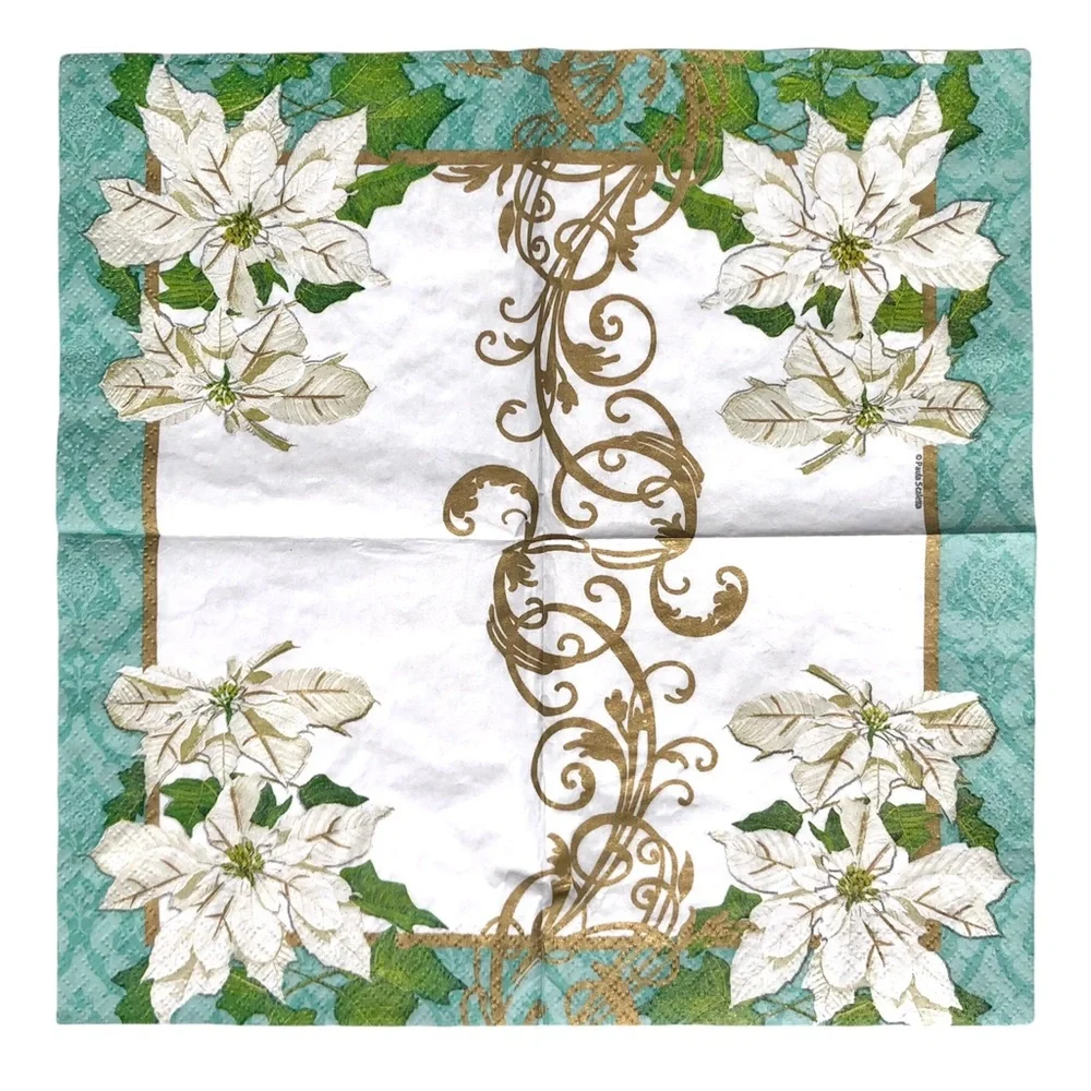 Two (2) Individual Beverage Size Decoupage Napkins ~ Gold Poinsettia